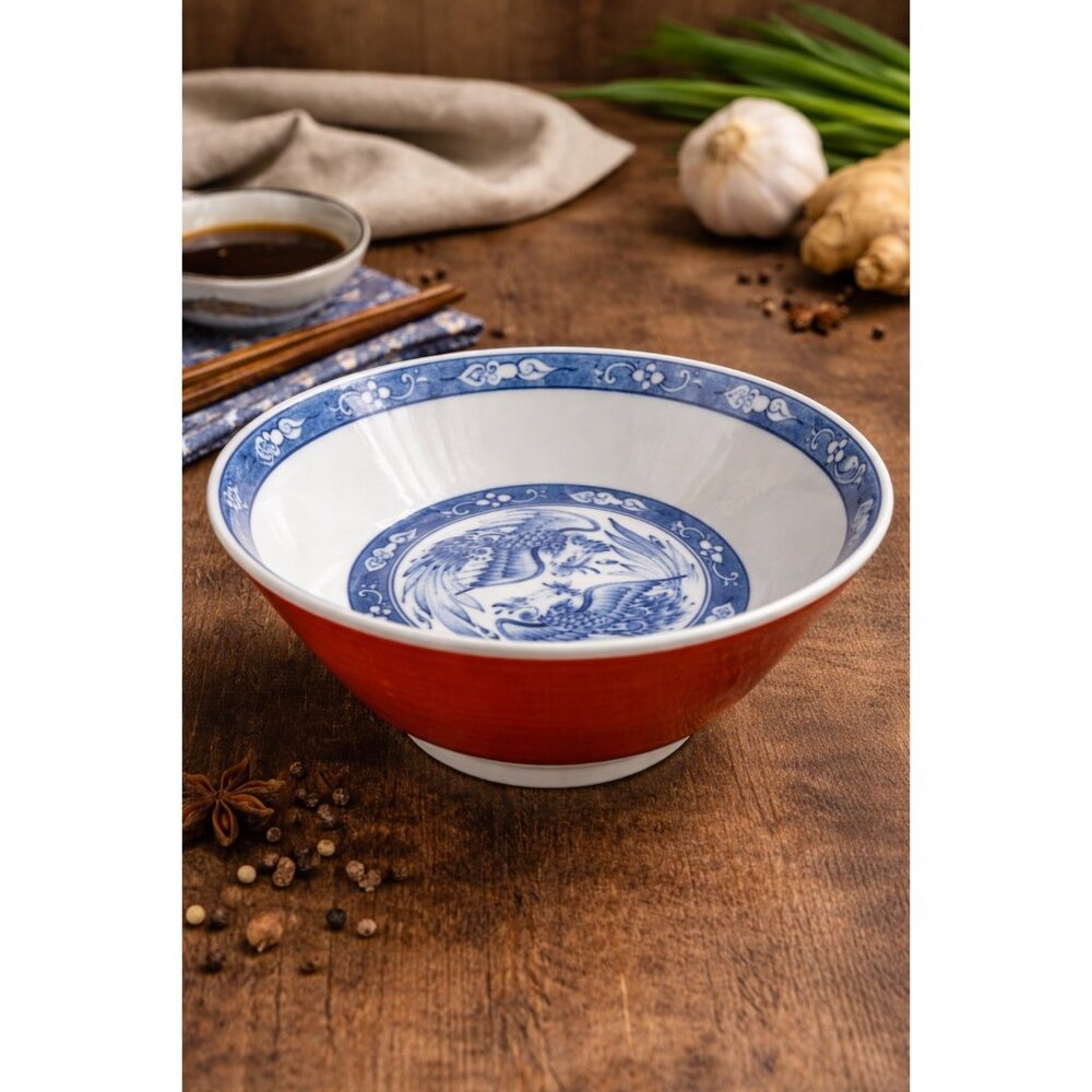 Vintage Chinese Porcelain Bowl Red Exterior Blue White Phoenix Motif 7.5 Inch